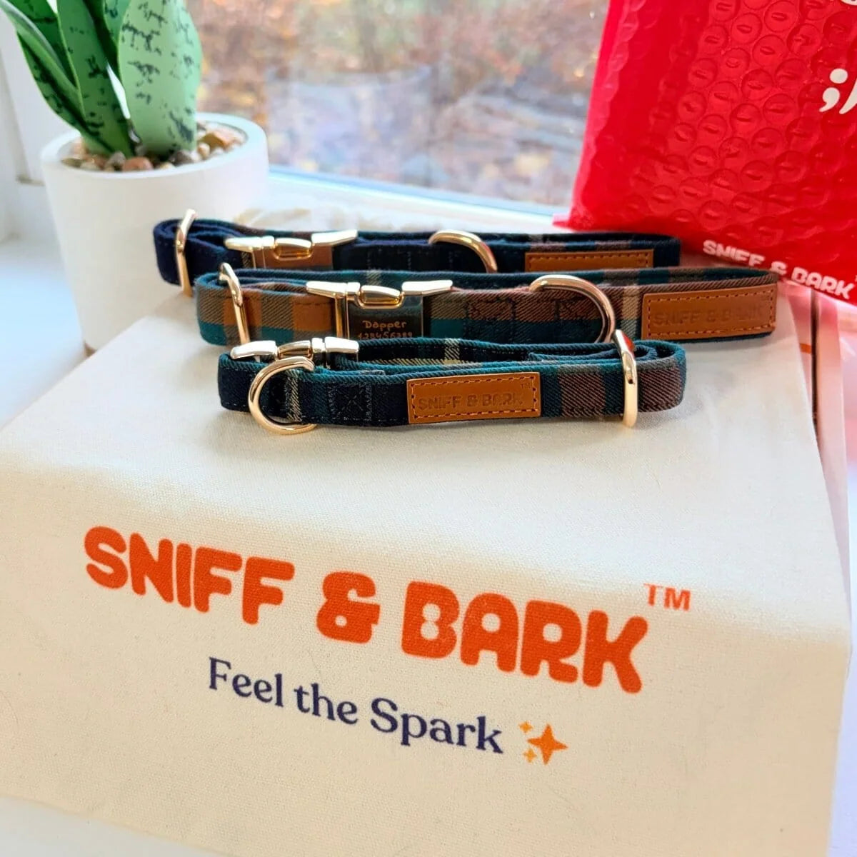 Adjustable Cotton Dog Collar in Teal, Navy and Orange Tartan with a Gold-Tone Metal Buckle for Daily Walks