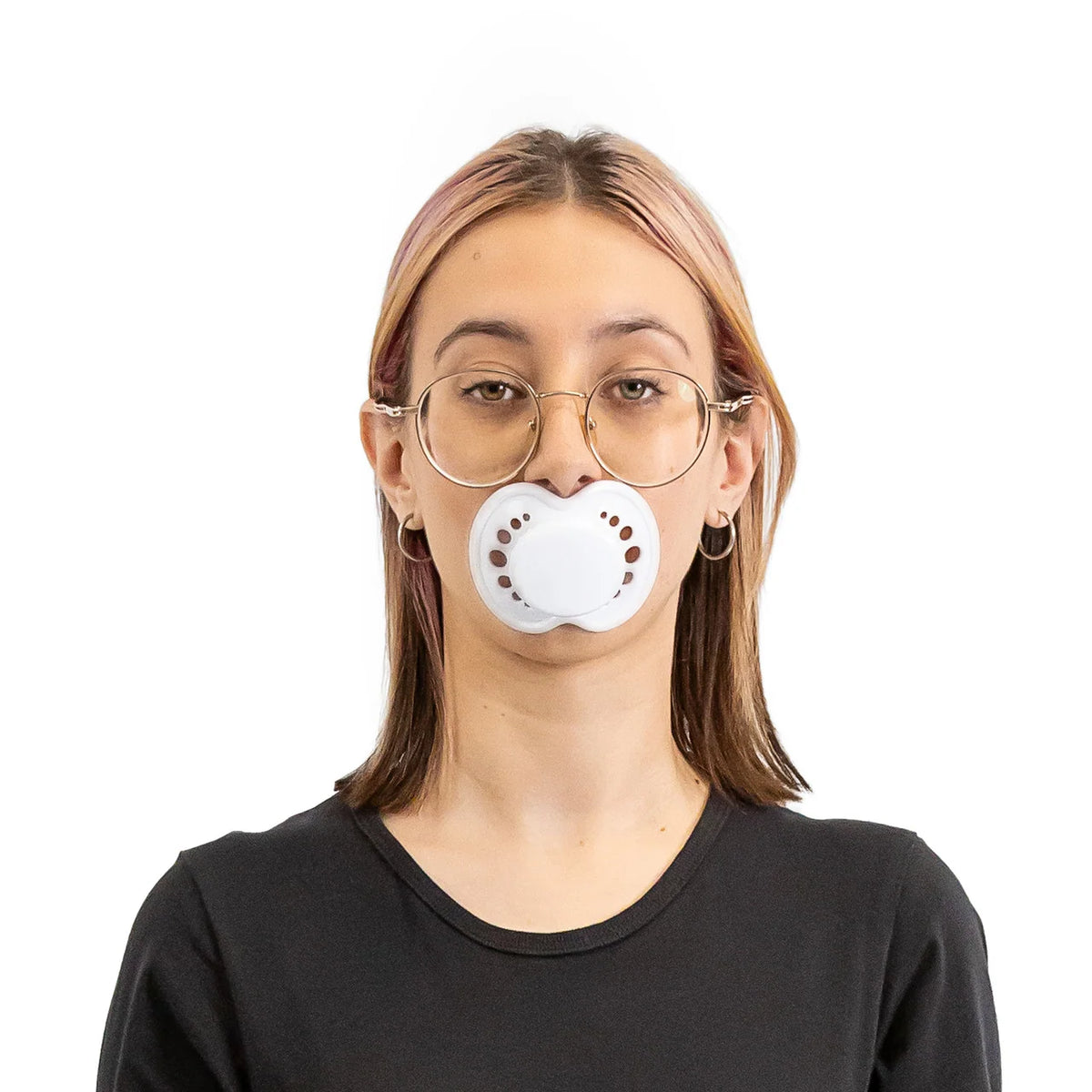 Adult Pacifier in White with a Clear Size 8 Nipple and Disassemblable Components for Easy Cleaning