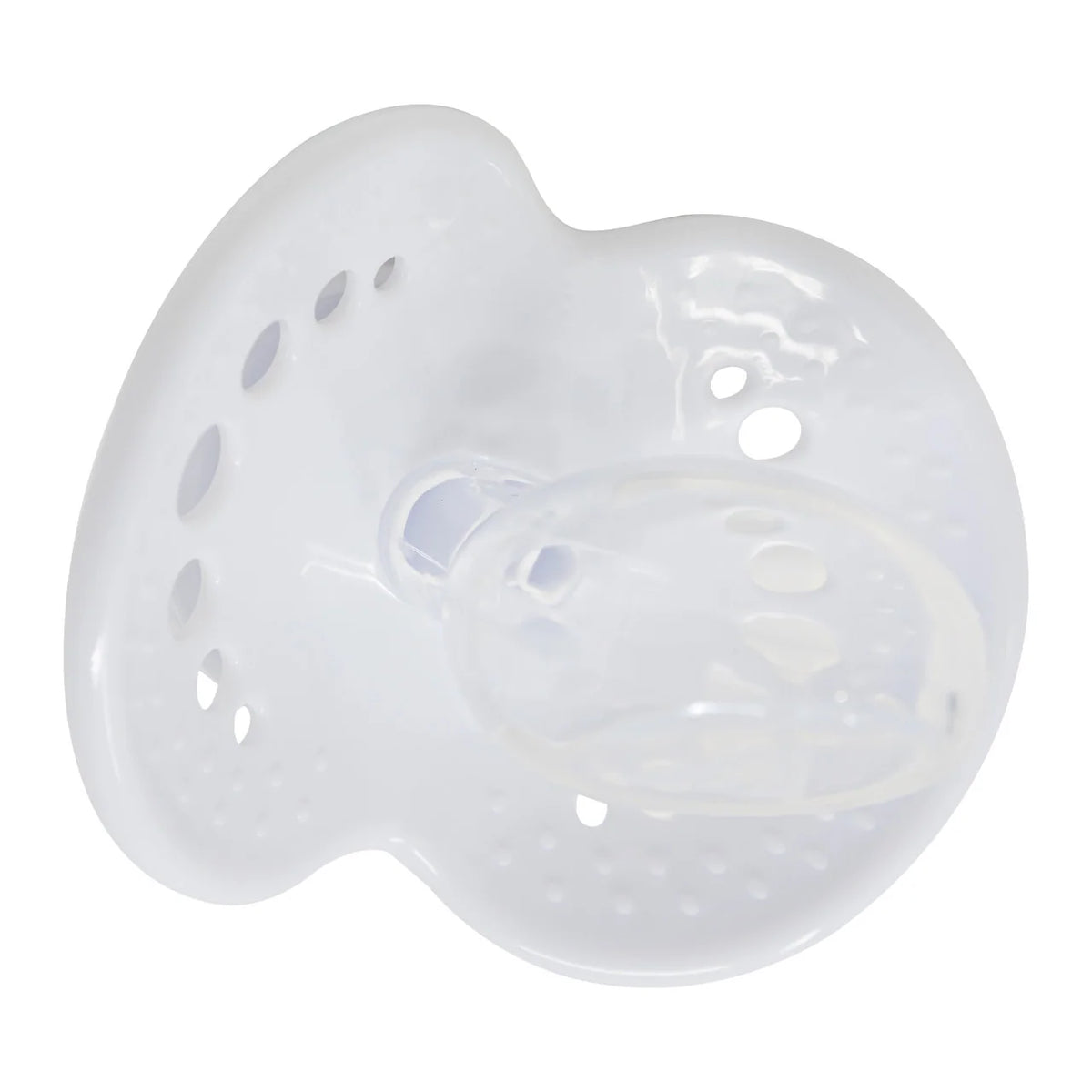 Adult Pacifier in White with a Clear Size 8 Nipple and Disassemblable Components for Easy Cleaning