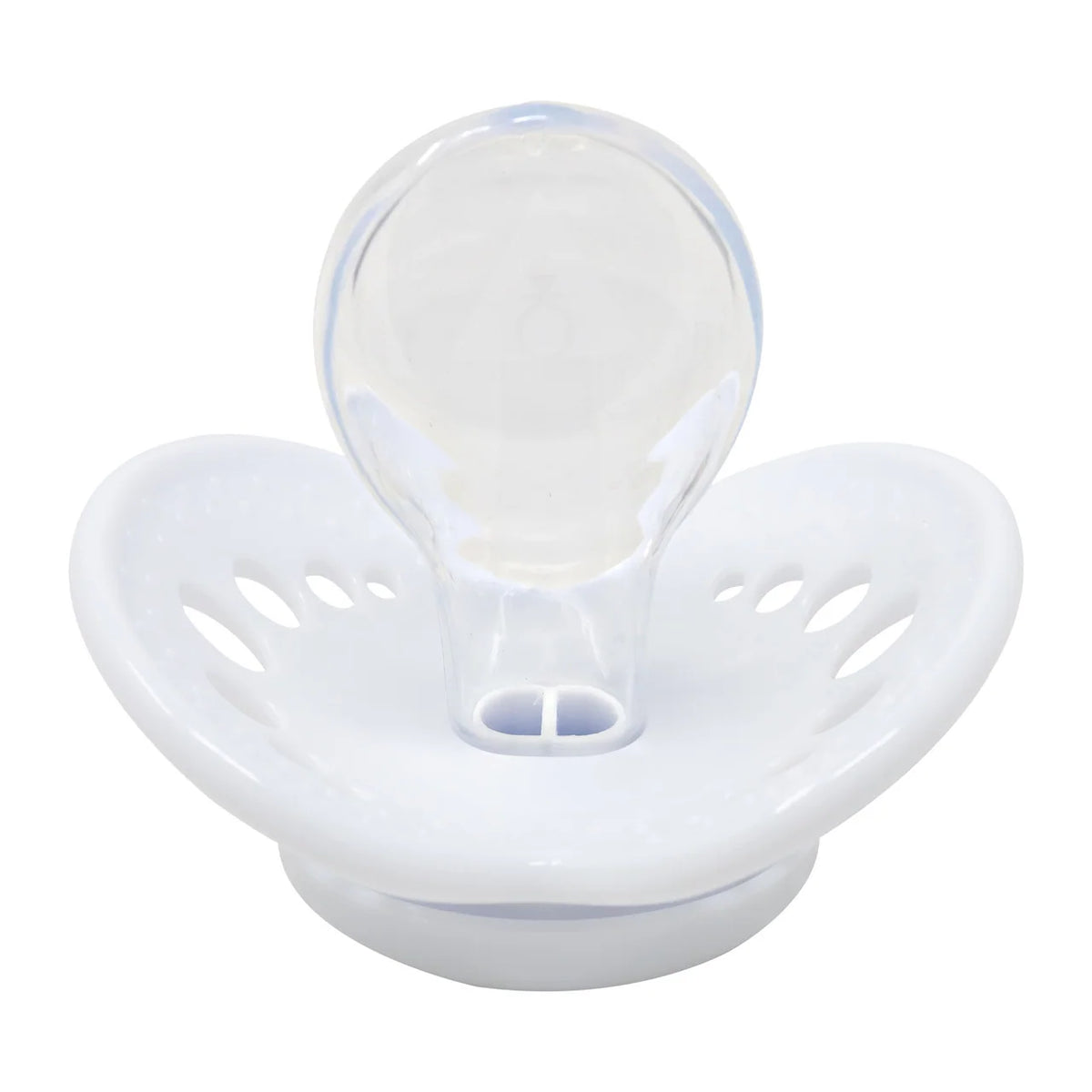 Adult Pacifier in White with a Clear Size 8 Nipple and Disassemblable Components for Easy Cleaning