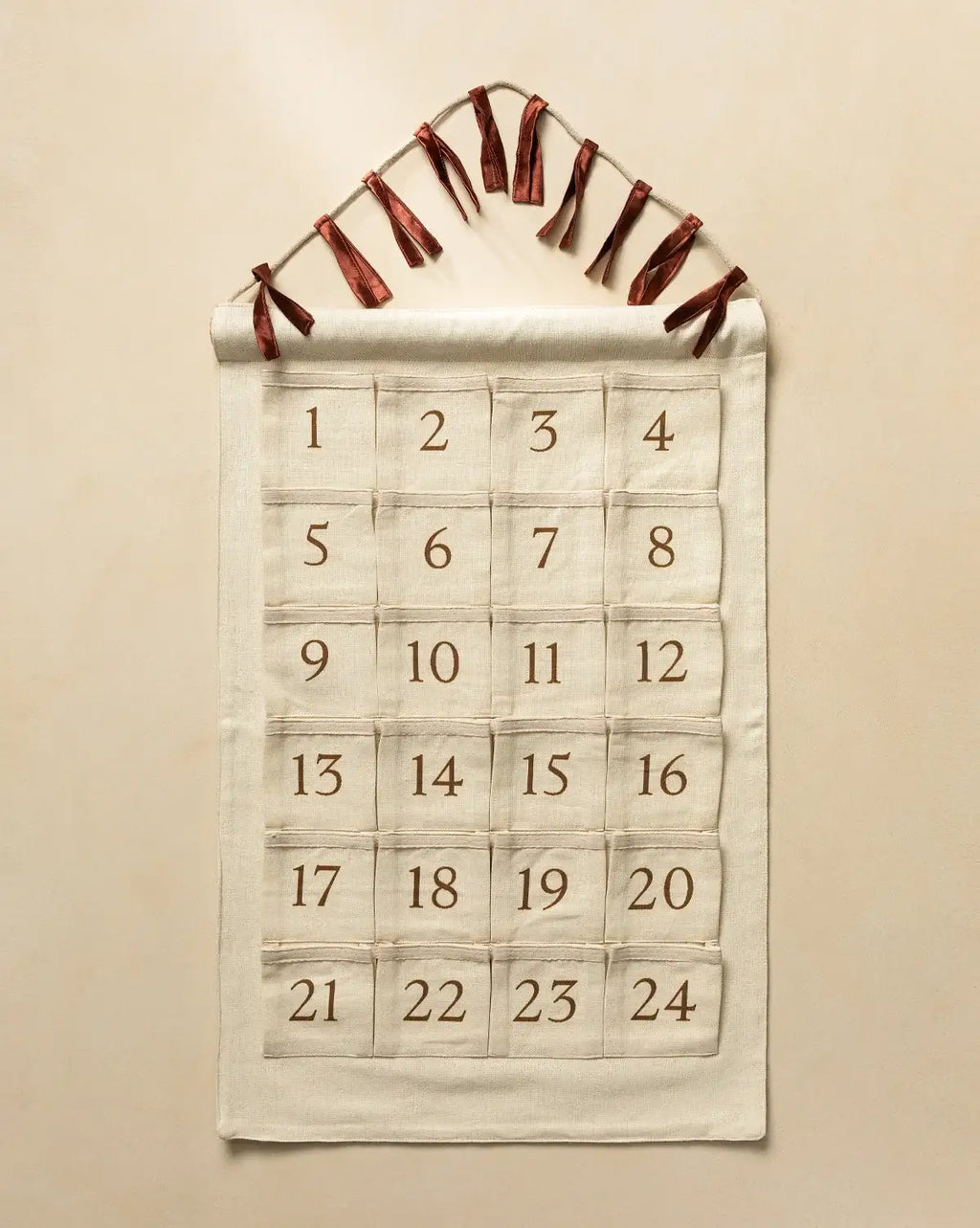 Advent Calendar with 24 Numbered Pockets in a Natural Cotton-Linen Blend for Christmas Holiday Decor