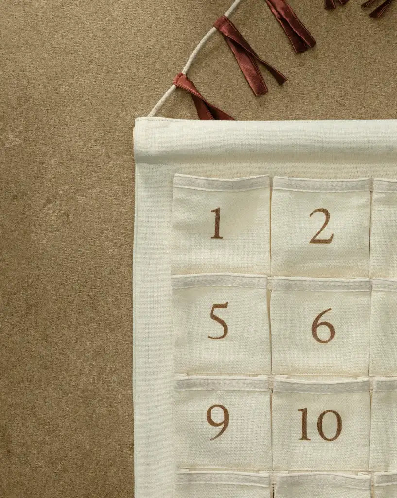 Advent Calendar with 24 Numbered Pockets in a Natural Cotton-Linen Blend for Christmas Holiday Decor