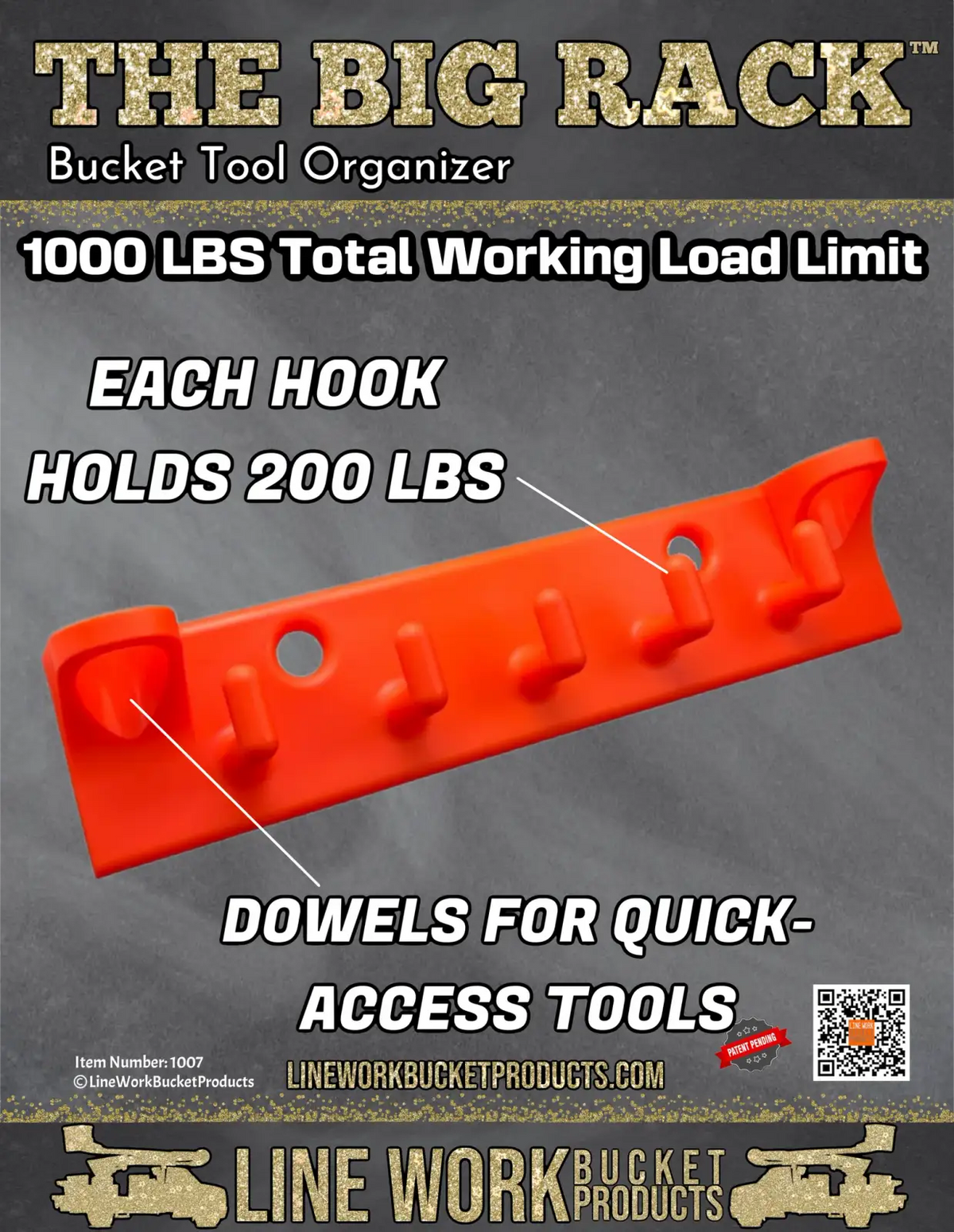 Aerial Work Platform Tool Organizer Rack with Two 3-Inch Hooks, Hammer Loops and 1,000 lb Total Working Load