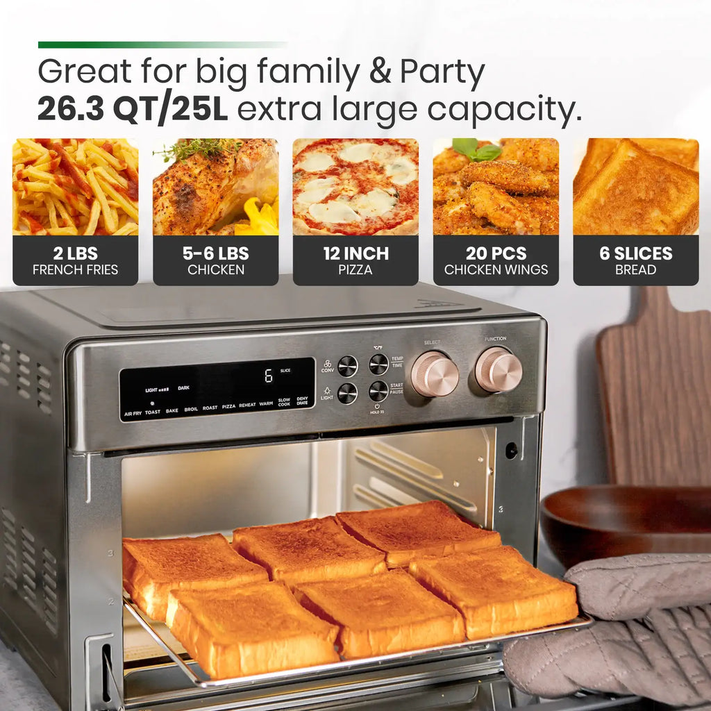 Air Fryer Toaster Oven with 10-in-1 Cooking Functions, Infrared Convection and Metallic Grey Steel Finish