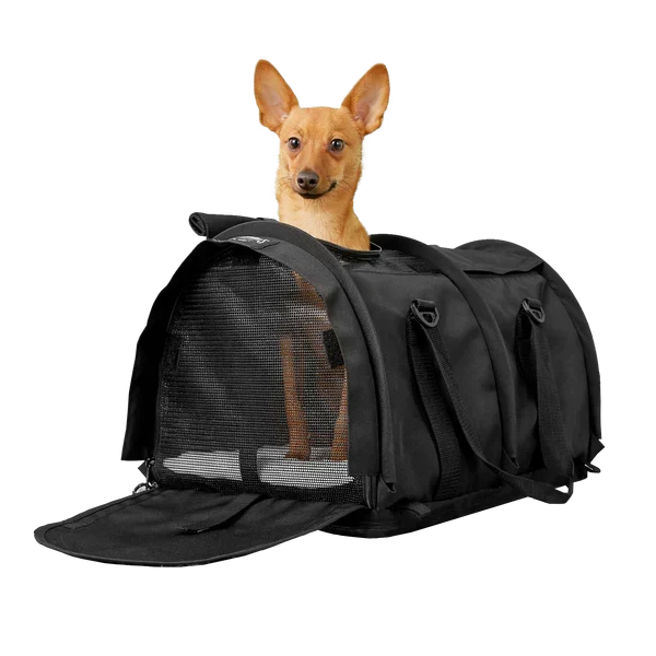 Air Travel Pet Carrier with Flex-Height Design, Mesh Ventilation, Safety Tether and Washable Comfort Pad — Black 2.0