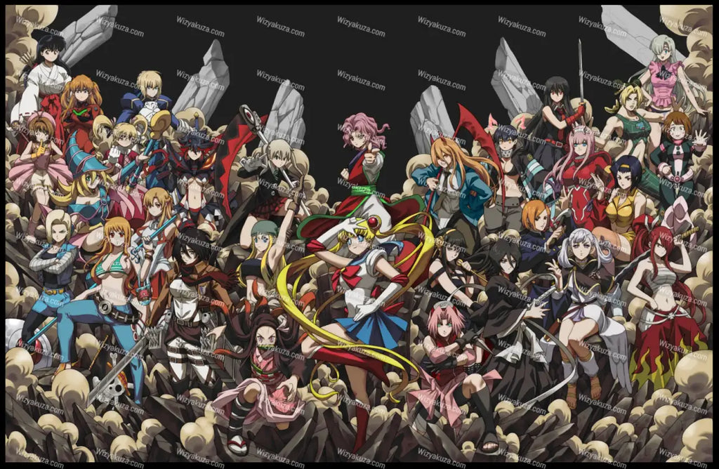 Anime Crossover Art Print Featuring Thirty Heroine Characters, Hidden Easter Eggs and Museum or Canvas Display