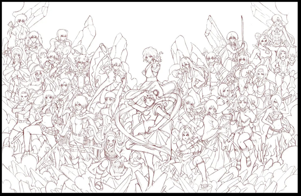 Anime Crossover Art Print Featuring Thirty Heroine Characters, Hidden Easter Eggs and Museum or Canvas Display