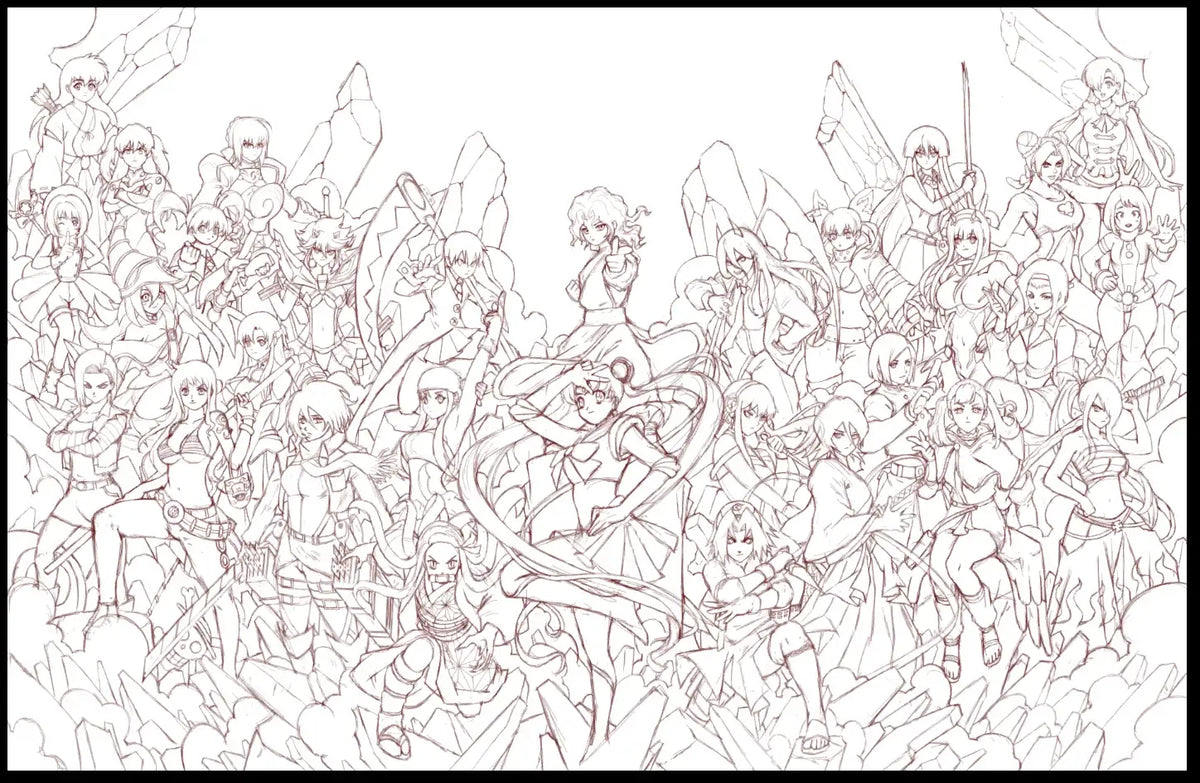Anime Crossover Art Print Featuring Thirty Heroine Characters, Hidden Easter Eggs and Museum or Canvas Display