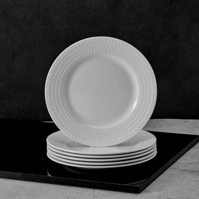 Appetizer Plates Set of 6 in White Bone China with Embossed Dot Detail for Everyday Dining and Entertaining