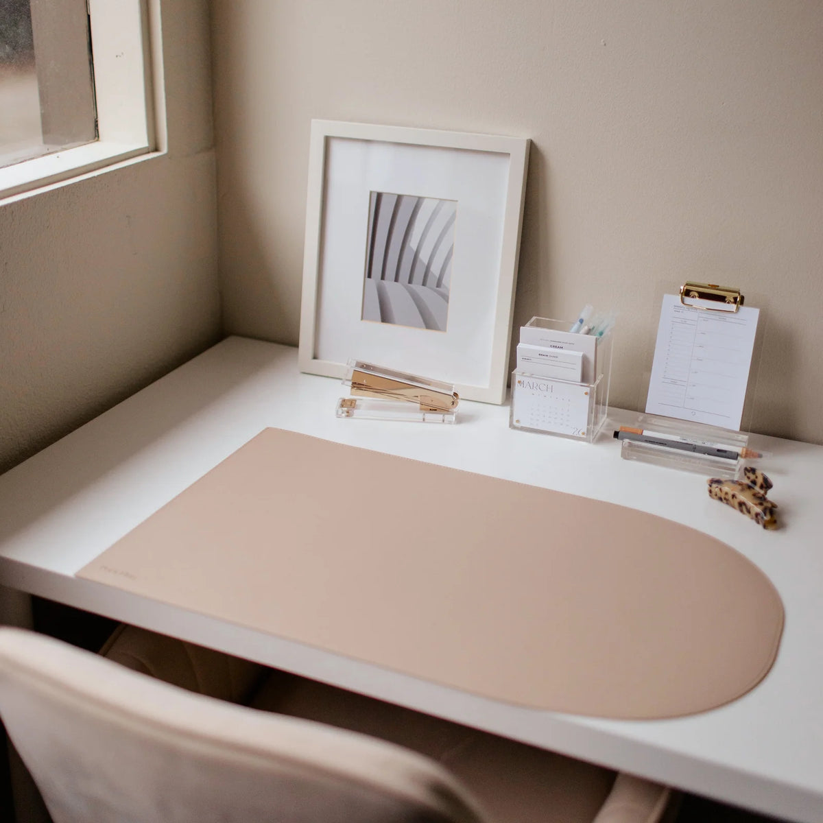 Arch Desk Mat in Milk Tea Vegan Leather for a Minimalist Workspace, Featuring a Water-Resistant Surface — Small