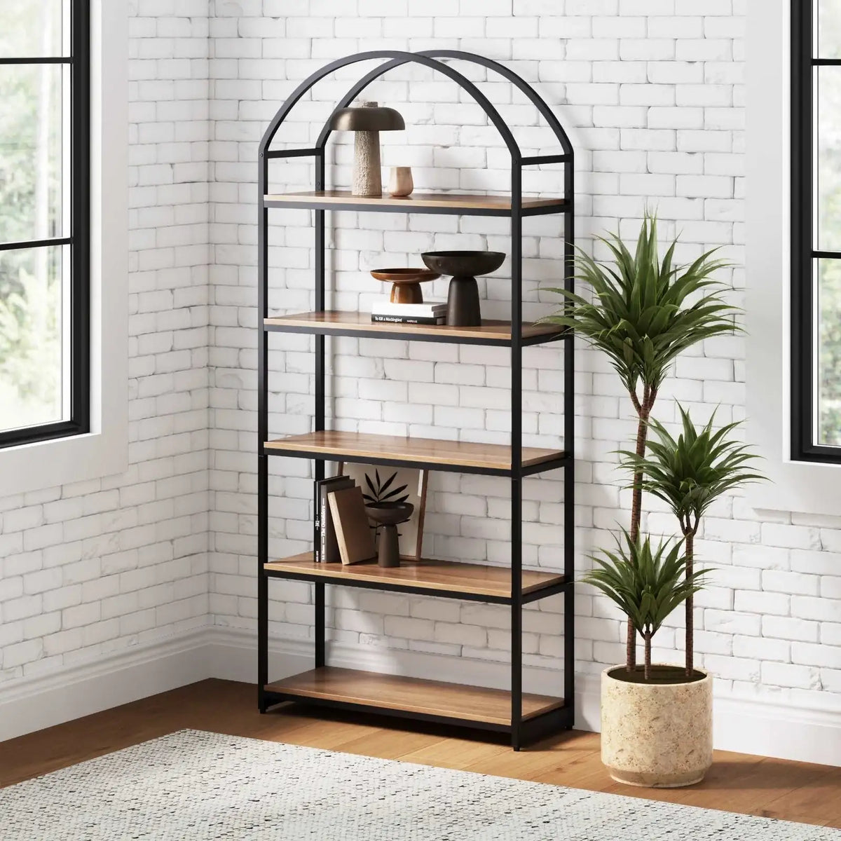 Arched Bookshelf, Reclaimed Oak-Matte Black