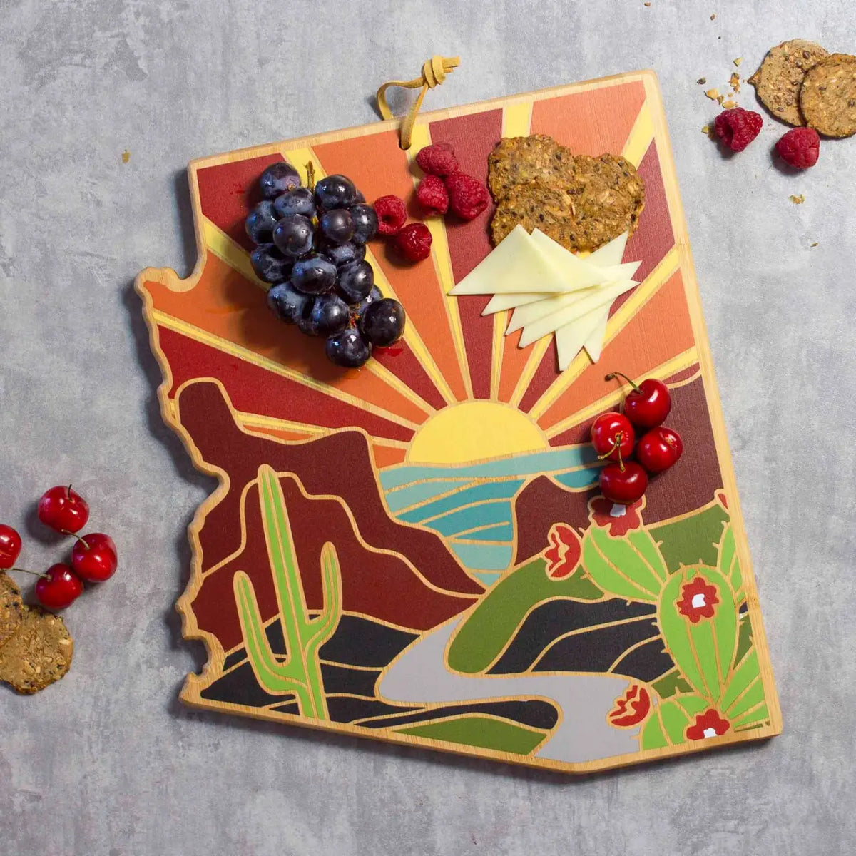 Arizona Bamboo Cutting Board with Colorful Landscape Artwork and a Blank Reverse for Food Preparation