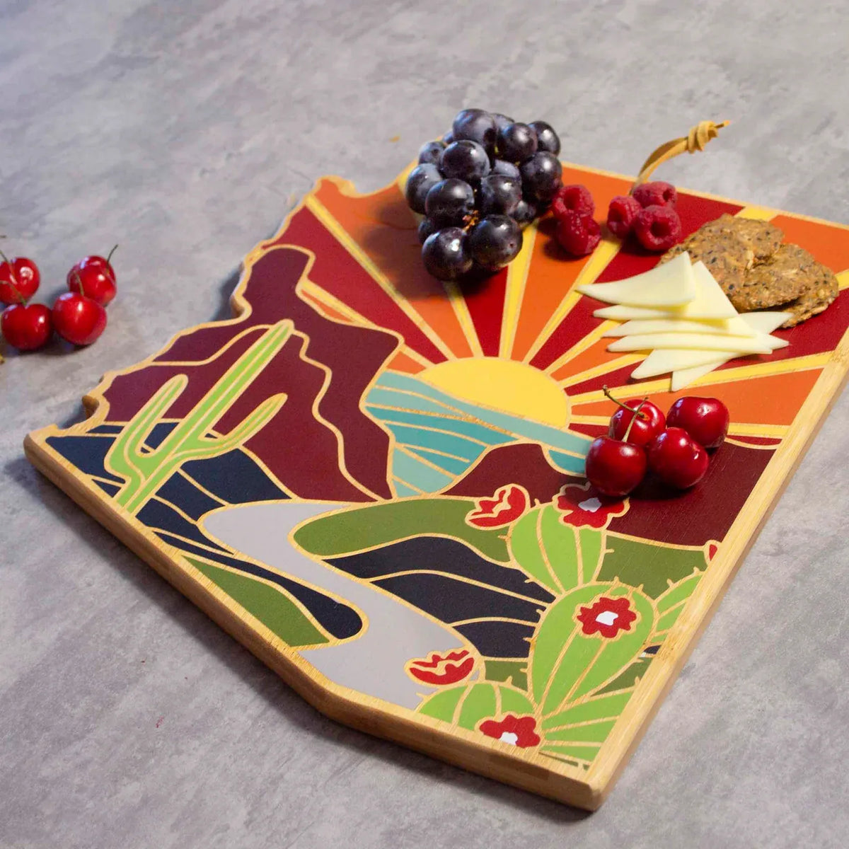 Arizona Bamboo Cutting Board with Colorful Landscape Artwork and a Blank Reverse for Food Preparation