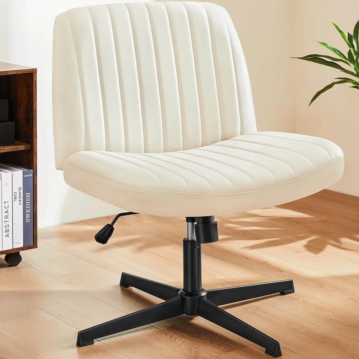 Armless Office Chair for Home Workspaces with a Wide U-Shaped Seat and High-Density Sponge Cushioning — Beige（leather）