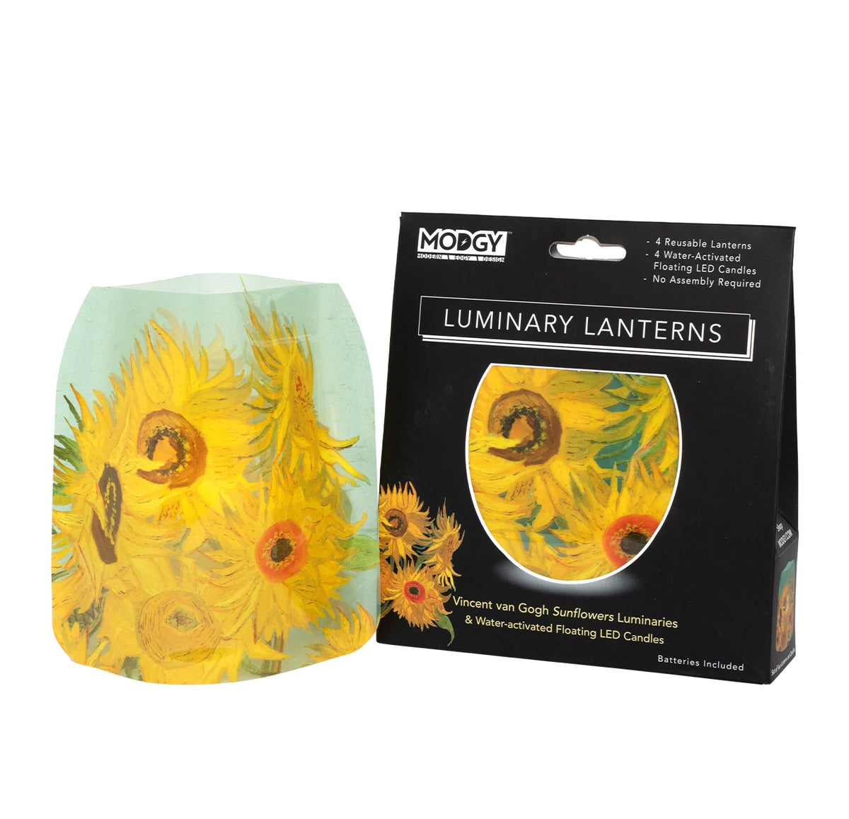 Artistic Sunflower Luminary Lantern Set with Four Collapsible Lanterns and Water-Activated LED Candles