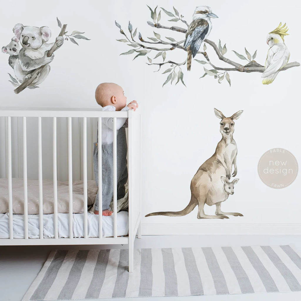 Australian Gum Tree Branch Wall Decal Set with Birds and Optional Koala, Kangaroo or Wombat Nursery Designs