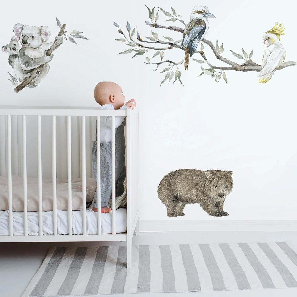 Australian Gum Tree Branch Wall Decal Set with Birds and Optional Koala, Kangaroo or Wombat Nursery Designs