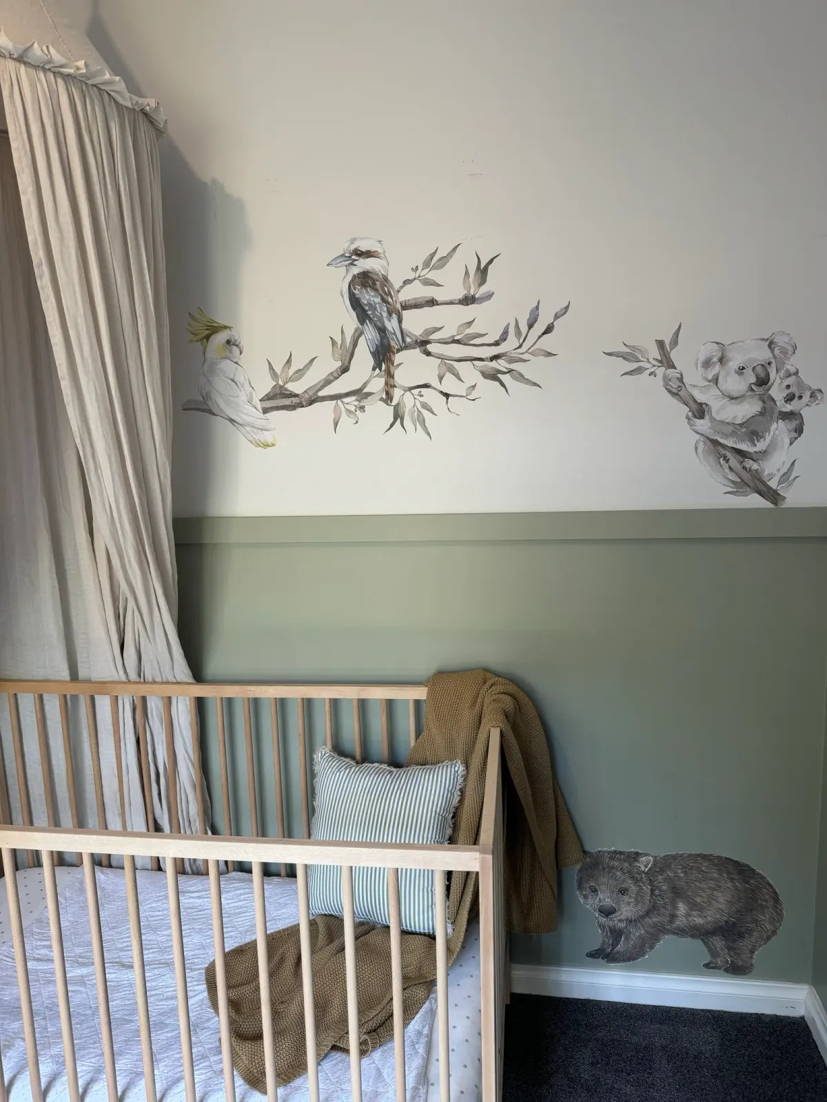 Australian Gum Tree Branch Wall Decal Set with Birds and Optional Koala, Kangaroo or Wombat Nursery Designs