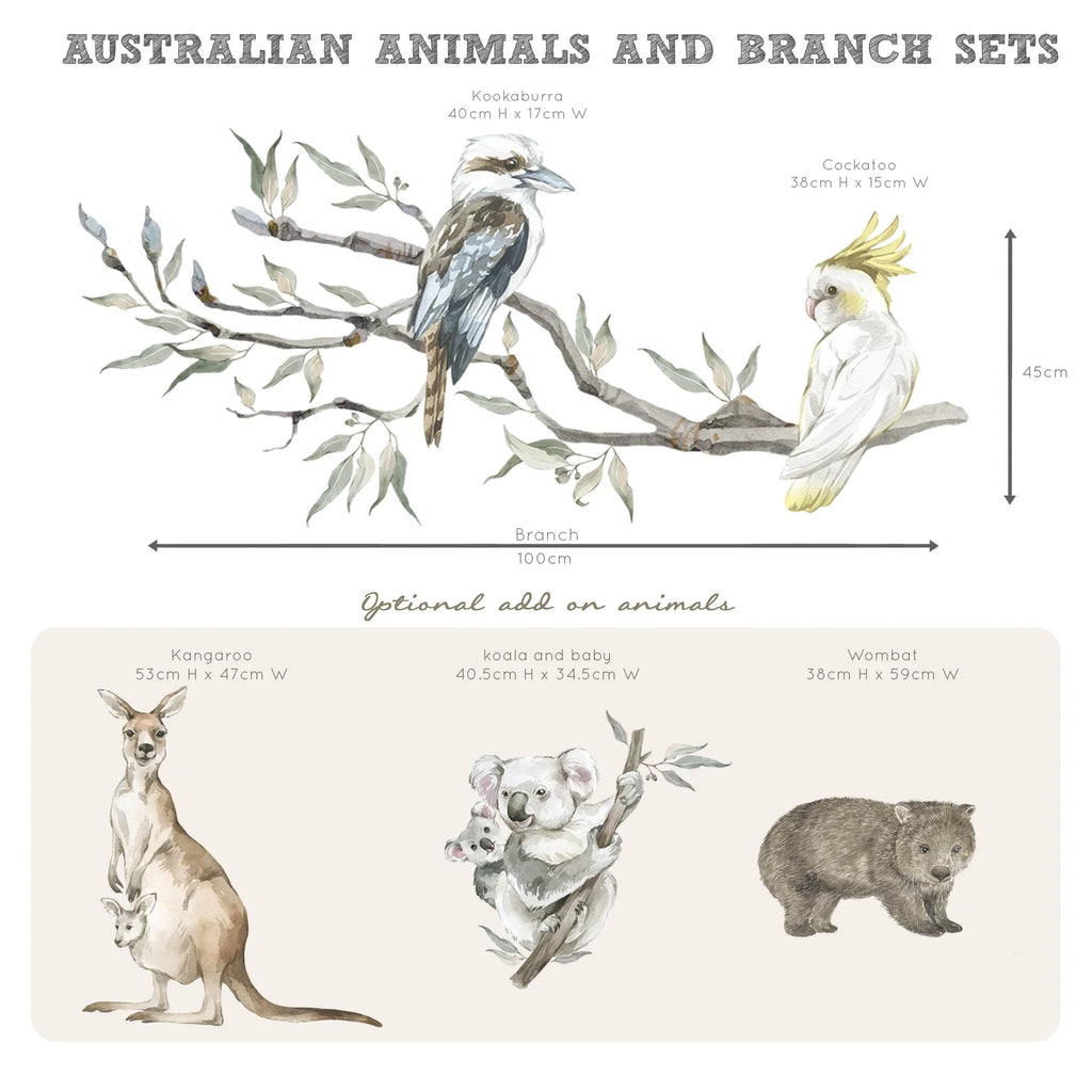 Australian Gum Tree Branch Wall Decal Set with Birds and Optional Koala, Kangaroo or Wombat Nursery Designs