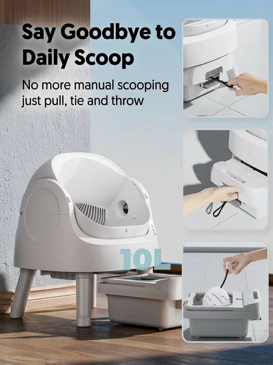 Automatic Self-Cleaning Cat Litter Box with 10L Waste Container, Quiet Operation and Removable Liner