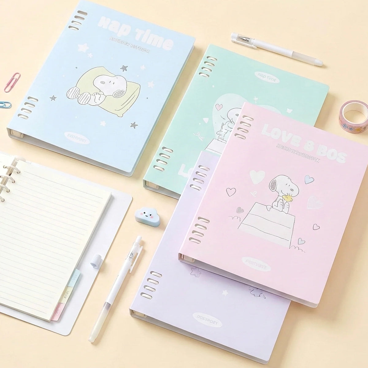 B5 Binder Notebook with 8-Ring Slide-Open System, 80 Pages, Dividers and Sticker Sheets in Pastel Covers