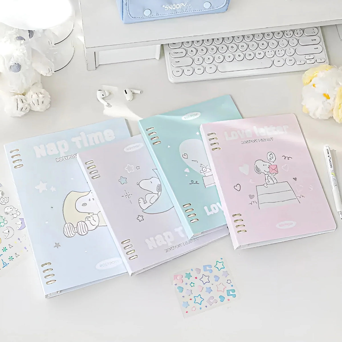 B5 Binder Notebook with 8-Ring Slide-Open System, 80 Pages, Dividers and Sticker Sheets in Pastel Covers