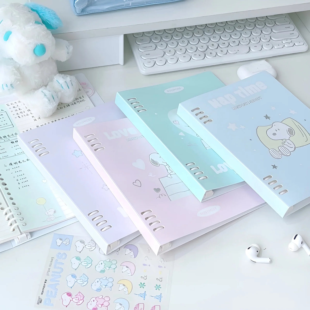 B5 Binder Notebook with 8-Ring Slide-Open System, 80 Pages, Dividers and Sticker Sheets in Pastel Covers