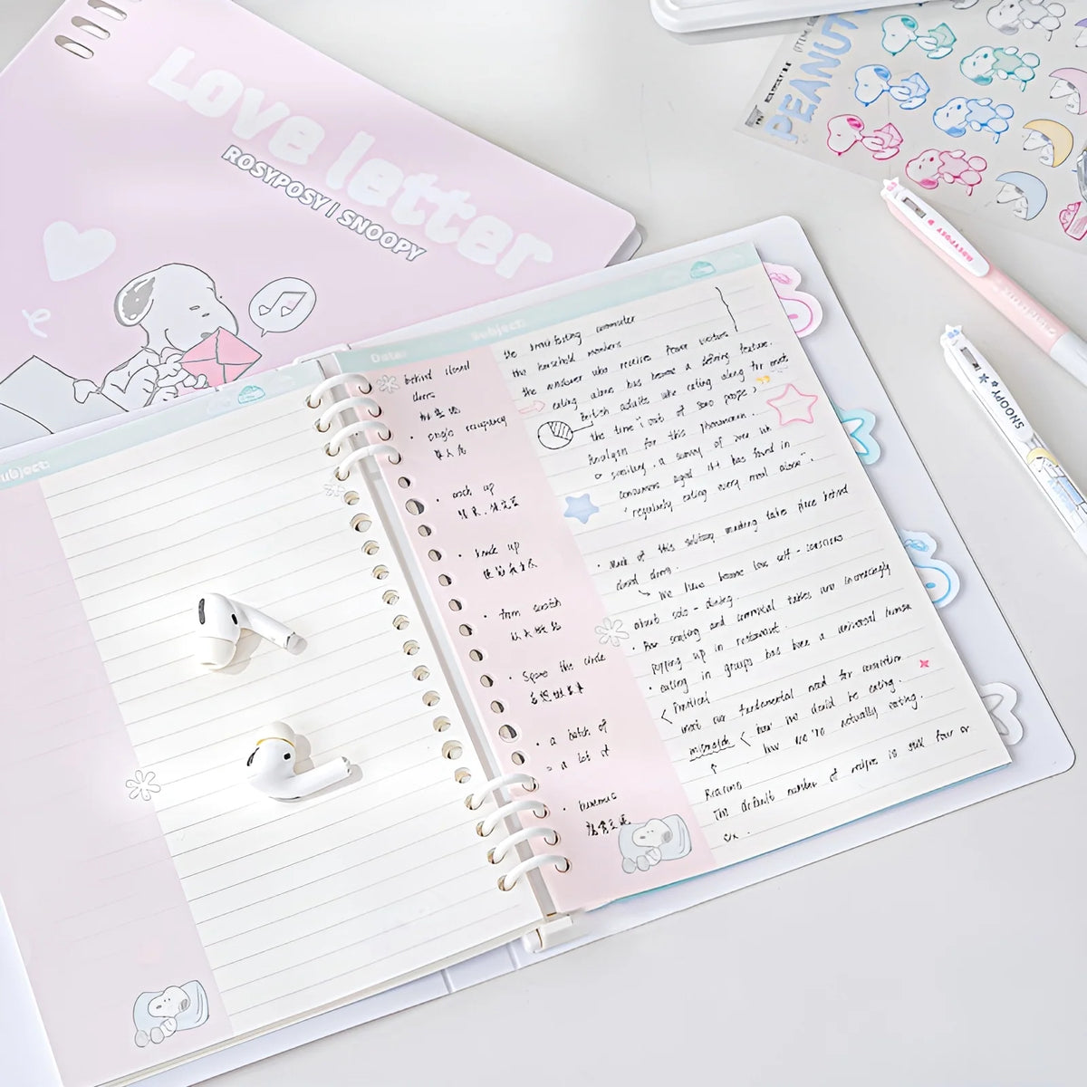 B5 Binder Notebook with 8-Ring Slide-Open System, 80 Pages, Dividers and Sticker Sheets in Pastel Covers
