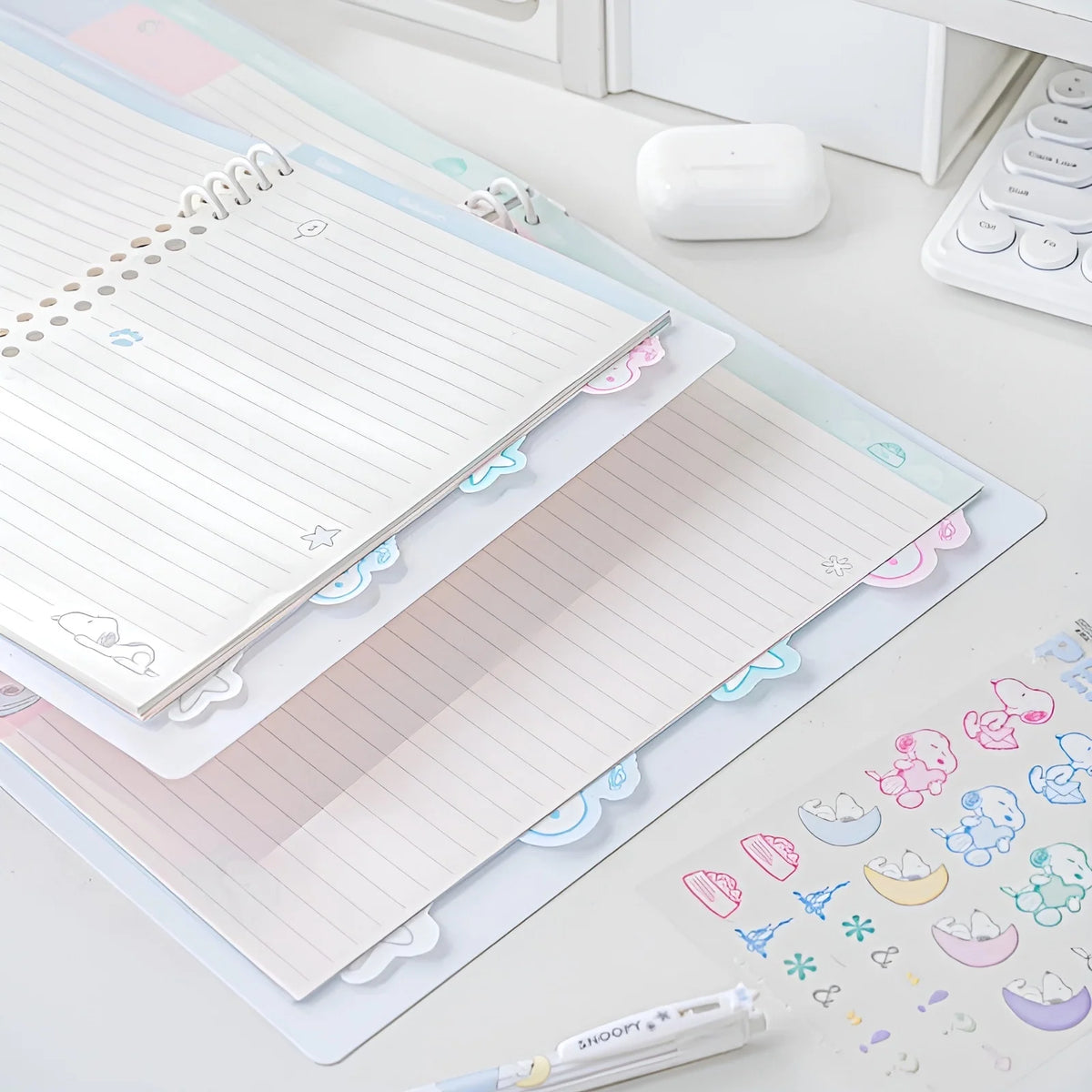 B5 Binder Notebook with 8-Ring Slide-Open System, 80 Pages, Dividers and Sticker Sheets in Pastel Covers