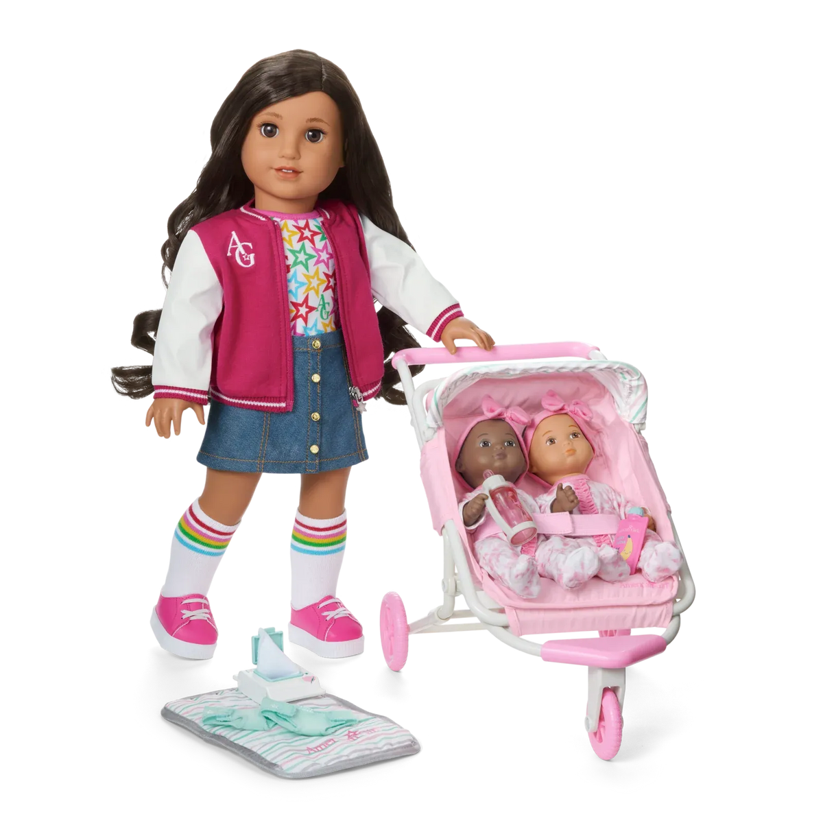 Baby Doll Double Stroller Set with Folding Changing Pad, Pretend Diapers, Wipes, Bottle and Baby Food