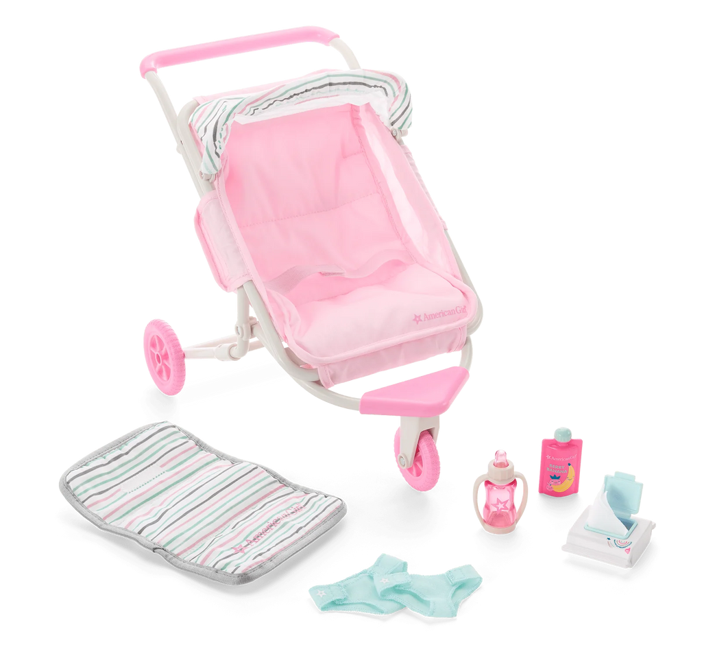 Baby Doll Double Stroller Set with Folding Changing Pad, Pretend Diapers, Wipes, Bottle and Baby Food