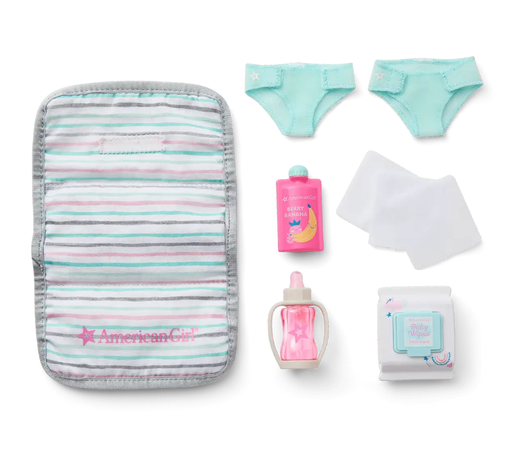 Baby Doll Double Stroller Set with Folding Changing Pad, Pretend Diapers, Wipes, Bottle and Baby Food