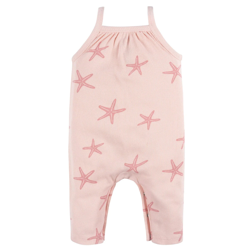 Baby Girls Starfish Romper in 100% Cotton Rib with Sleeveless Comfort and Easy Diaper-Change Snaps
