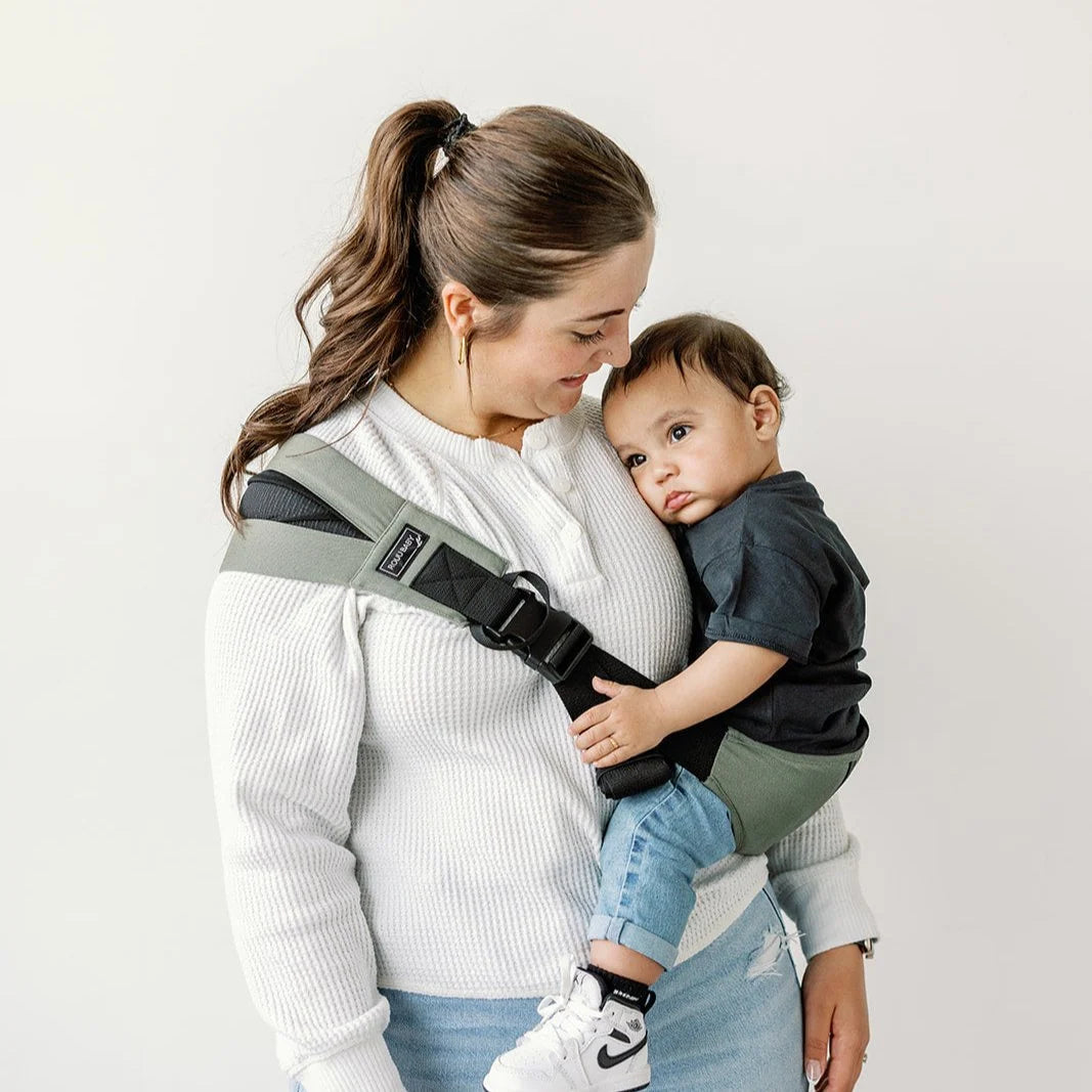 Baby Hip Carrier in Olive Cotton with an Ergonomic M-Position Seat and Included Travel Bag for Easy Packing