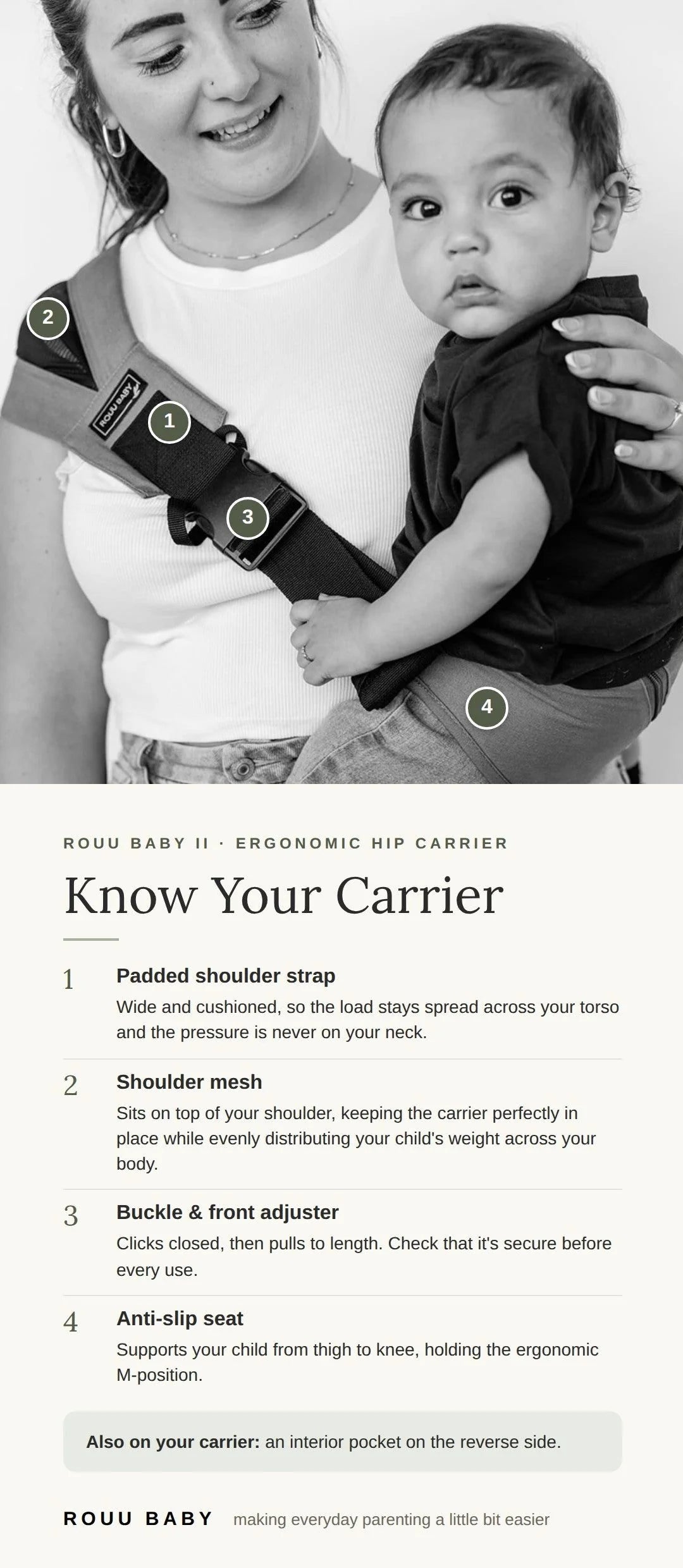 Baby Hip Carrier in Olive Cotton with an Ergonomic M-Position Seat and Included Travel Bag for Easy Packing