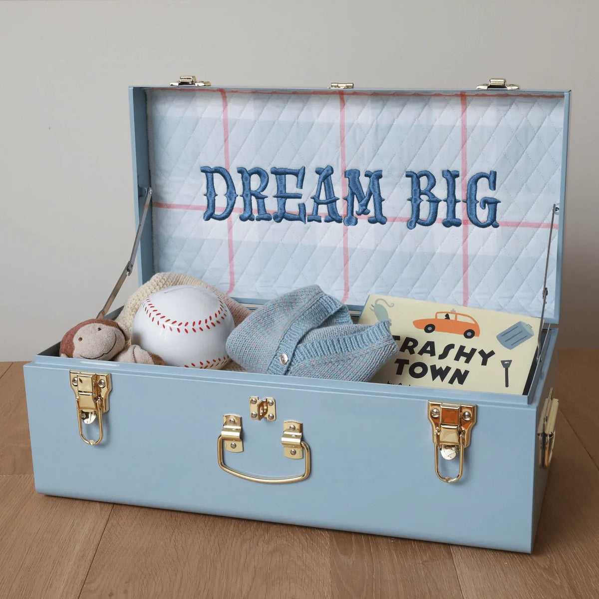 Baby Keepsake Box Trunk with Quilted Interior, Custom Personalization, Gold Hardware, and Medium or Large Color
