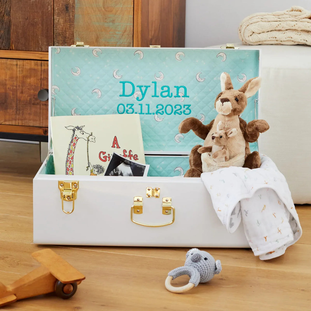 Baby Keepsake Box Trunk with Quilted Interior, Custom Personalization, Gold Hardware, and Medium or Large Color