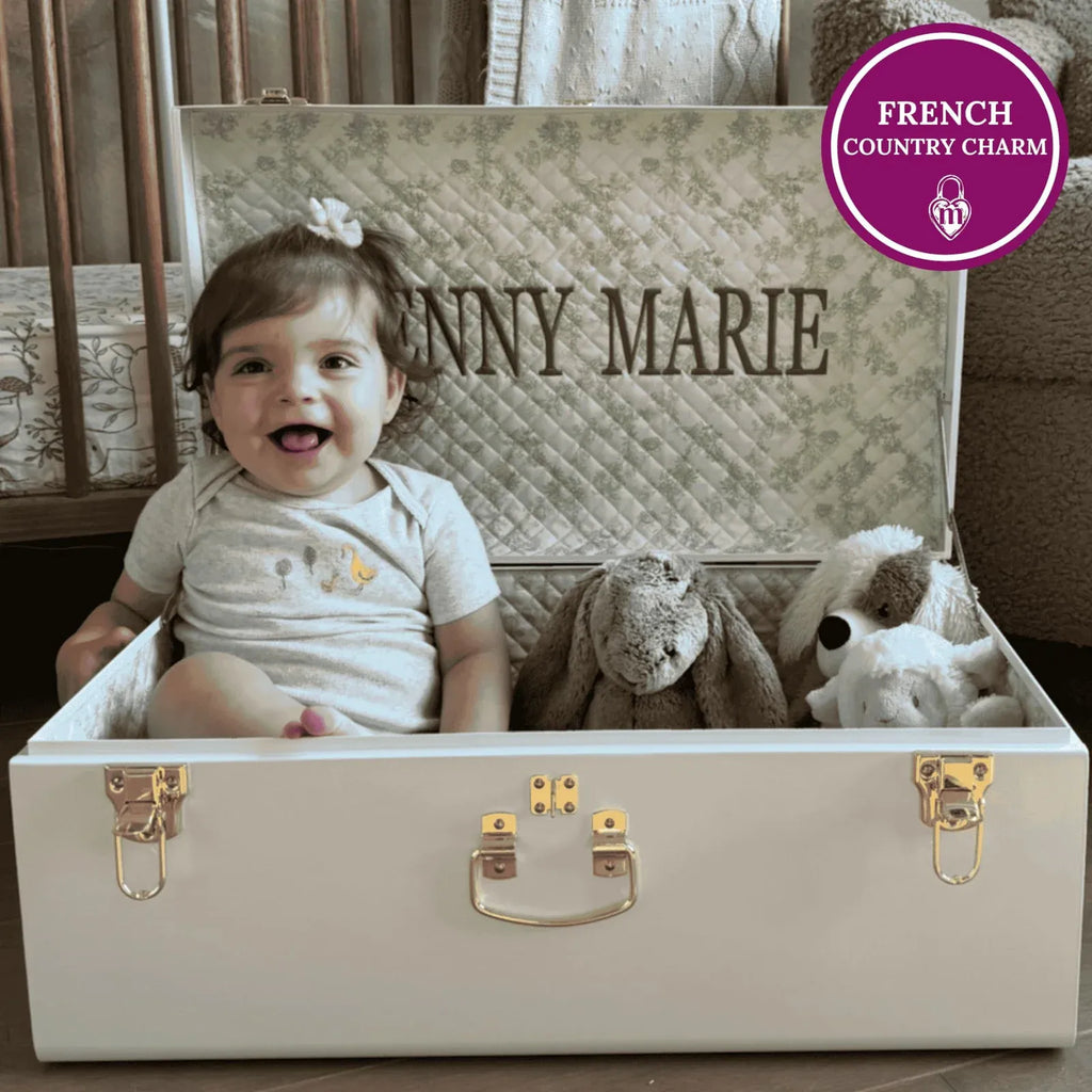 Baby Keepsake Box Trunk with Quilted Interior, Custom Personalization, Gold Hardware, and Medium or Large Color