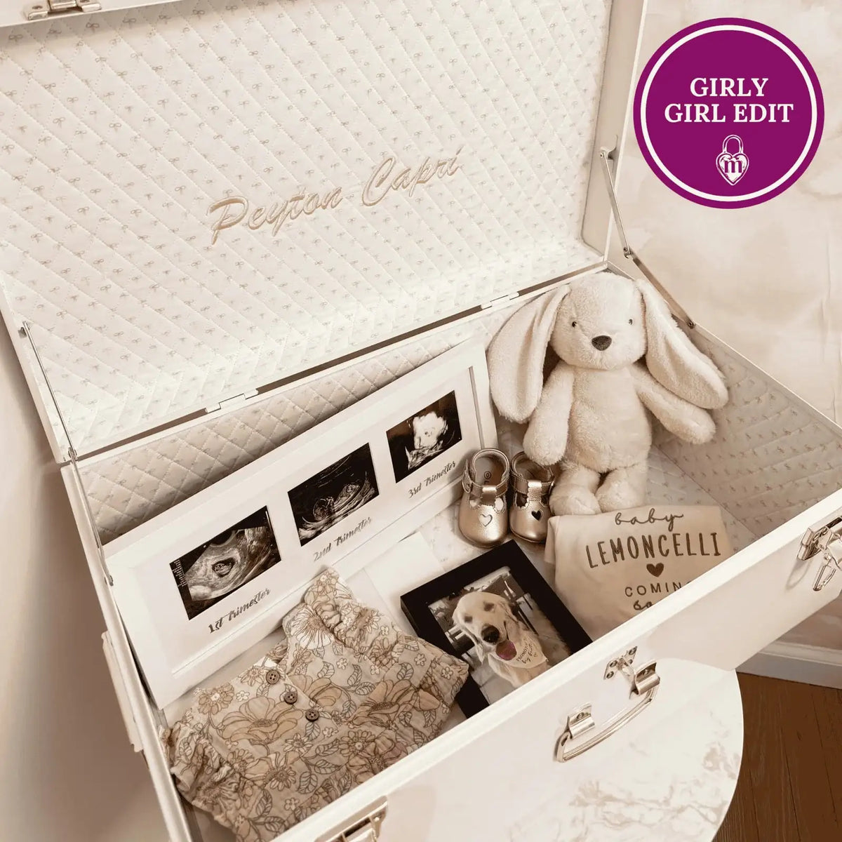 Baby Keepsake Box Trunk with Quilted Interior, Custom Personalization, Gold Hardware, and Medium or Large Color