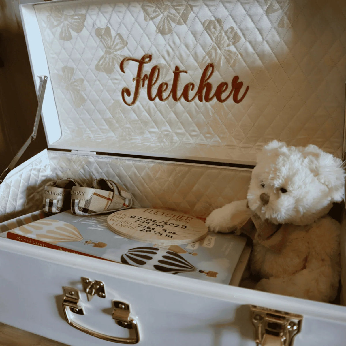 Baby Keepsake Box Trunk with Quilted Interior, Custom Personalization, Gold Hardware, and Medium or Large Color