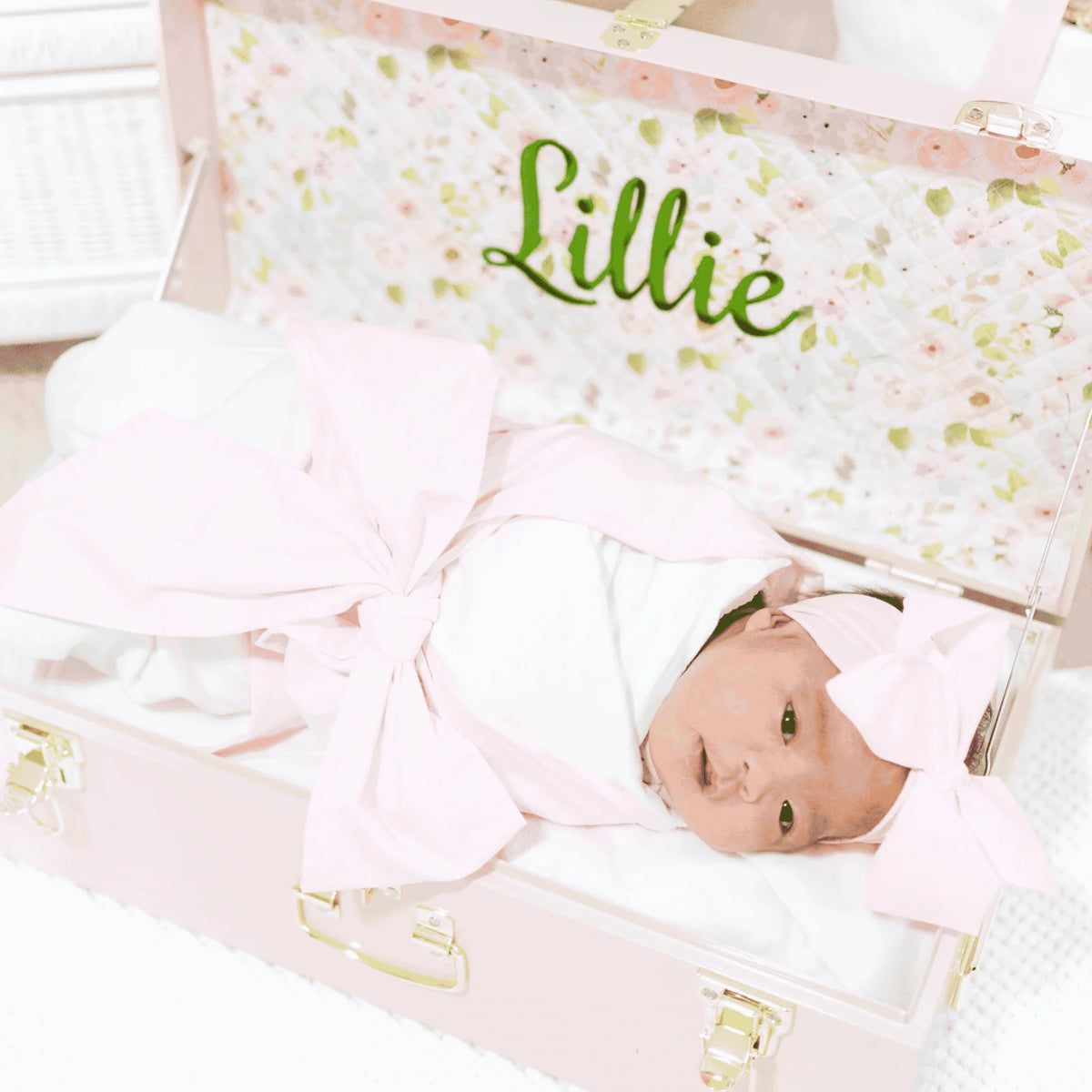 Baby Keepsake Box Trunk with Quilted Interior, Custom Personalization, Gold Hardware, and Medium or Large Color