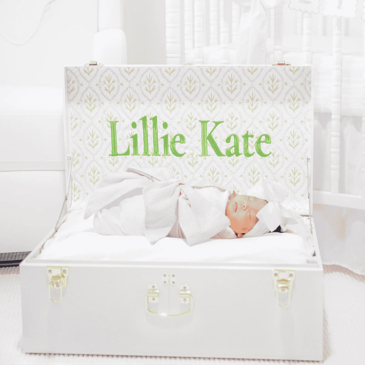 Baby Keepsake Box Trunk with Quilted Interior, Custom Personalization, Gold Hardware, and Medium or Large Color