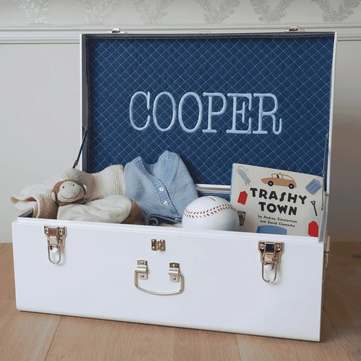 Baby Keepsake Box Trunk with Quilted Interior, Custom Personalization, Gold Hardware, and Medium or Large Color