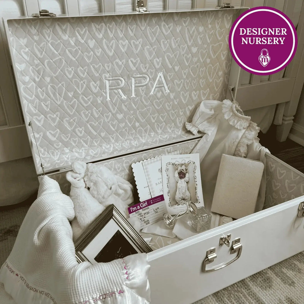 Baby Keepsake Box Trunk with Quilted Interior, Custom Personalization, Gold Hardware, and Medium or Large Color