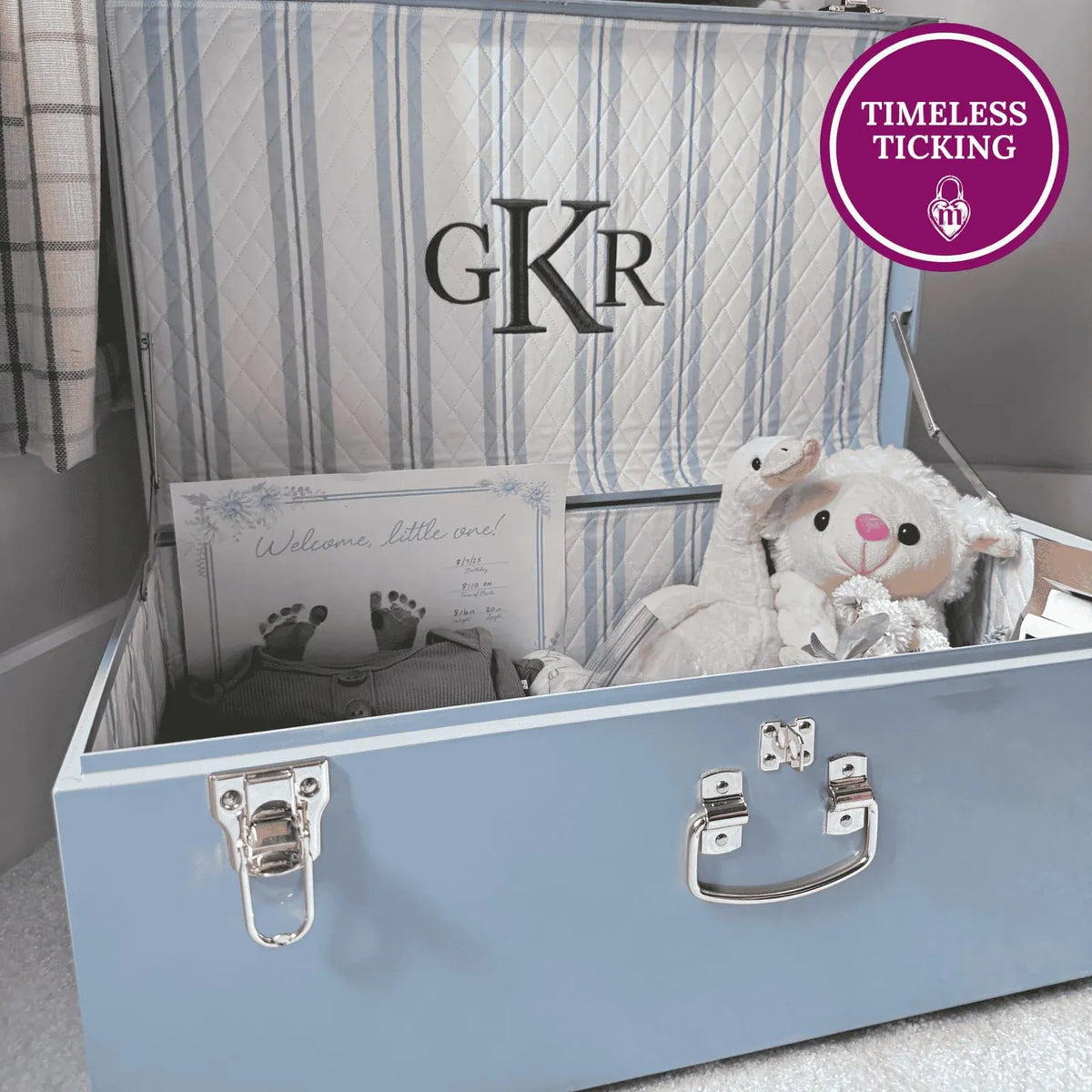 Baby Keepsake Box Trunk with Quilted Interior, Custom Personalization, Gold Hardware, and Medium or Large Color