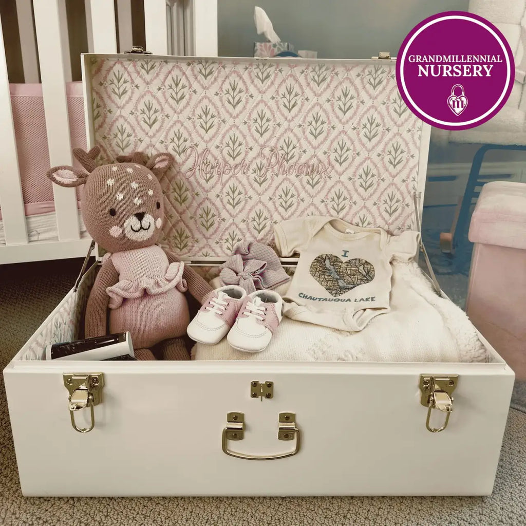 Baby Keepsake Box Trunk with Quilted Interior, Custom Personalization, Gold Hardware, and Medium or Large Color