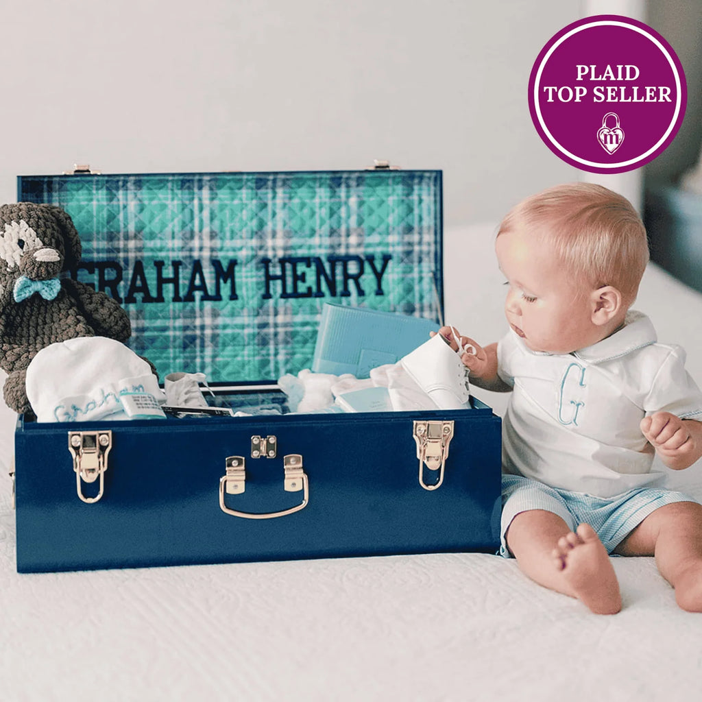 Baby Keepsake Box Trunk with Quilted Interior, Custom Personalization, Gold Hardware, and Medium or Large Color