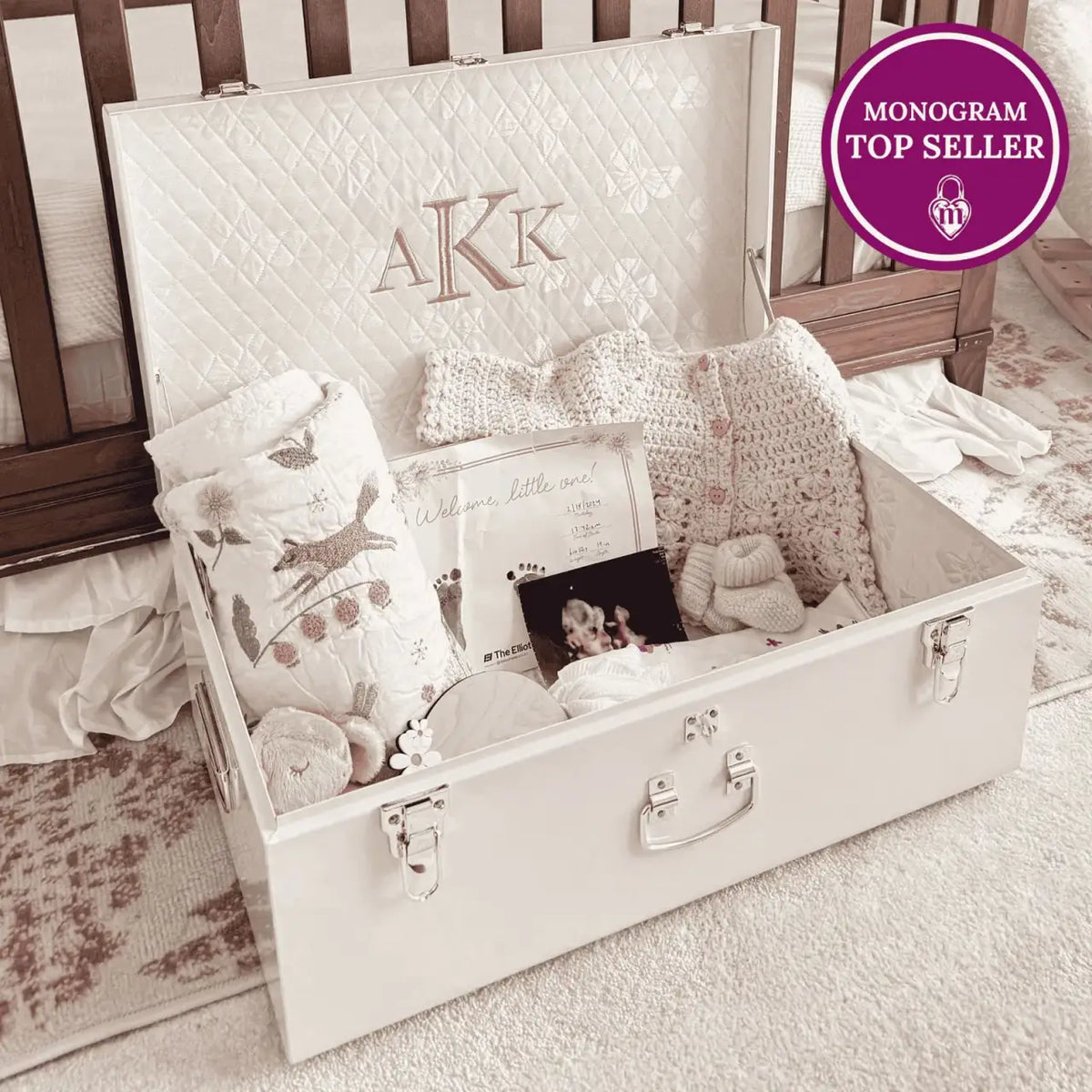 Baby Keepsake Box Trunk with Quilted Interior, Custom Personalization, Gold Hardware, and Medium or Large Color