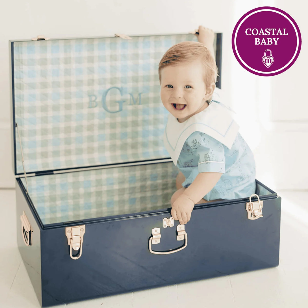 Baby Keepsake Box Trunk with Quilted Interior, Custom Personalization, Gold Hardware, and Medium or Large Color