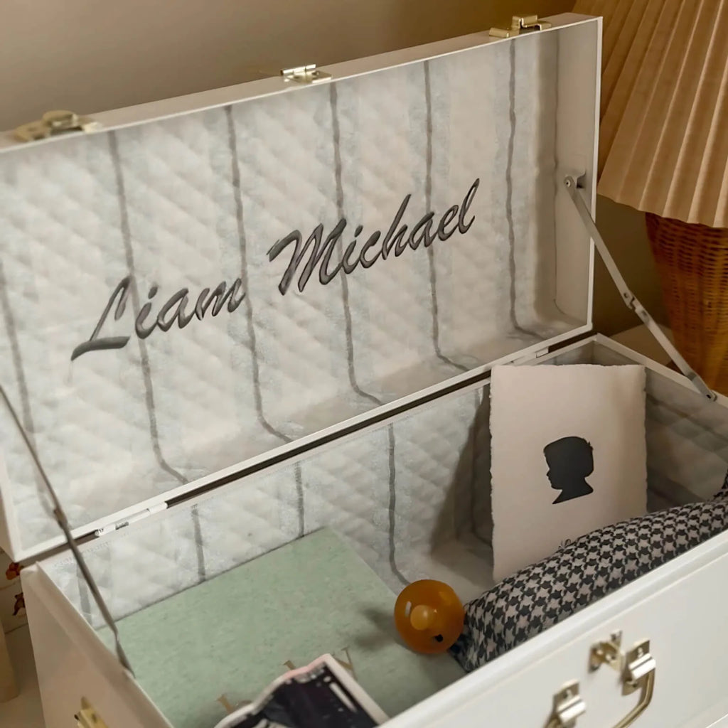 Baby Keepsake Box Trunk with Quilted Interior, Custom Personalization, Gold Hardware, and Medium or Large Color